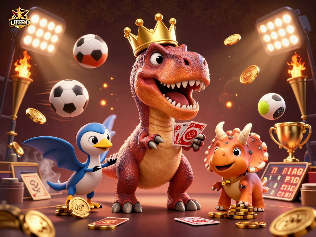 Engage in thrilling betting adventures on UFABRO with a unique 3D casino illustration featuring fun characters.
