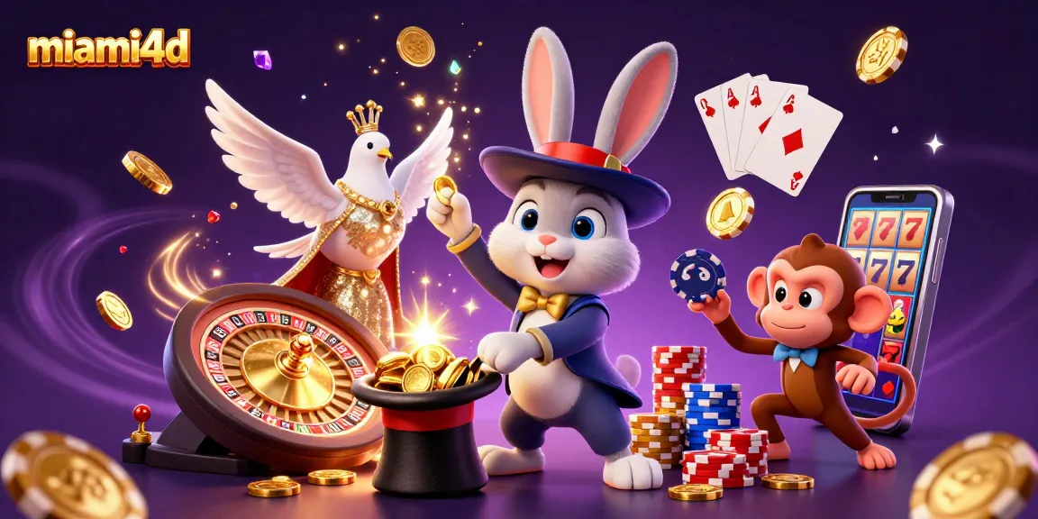 Experience the thrill of miami4d with a magical rabbit revealing treasures amidst vibrant casino elements.