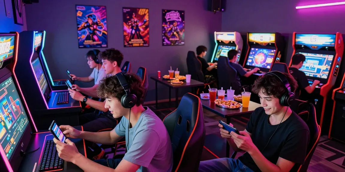 Play Yono games online in a vibrant gaming lounge with friends enjoying mobile apps.