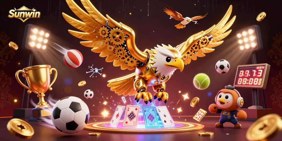 Experience thrilling gameplay at Sunwin with a dynamic 3D illustration of a golden eagle surrounded by casino elements.