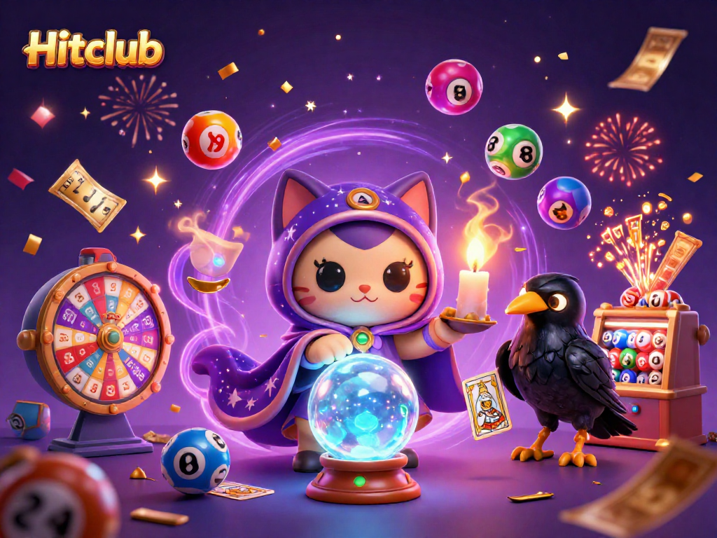 Hitclub features a 3D fortune teller cat and glowing raven, showcasing vibrant lottery games.