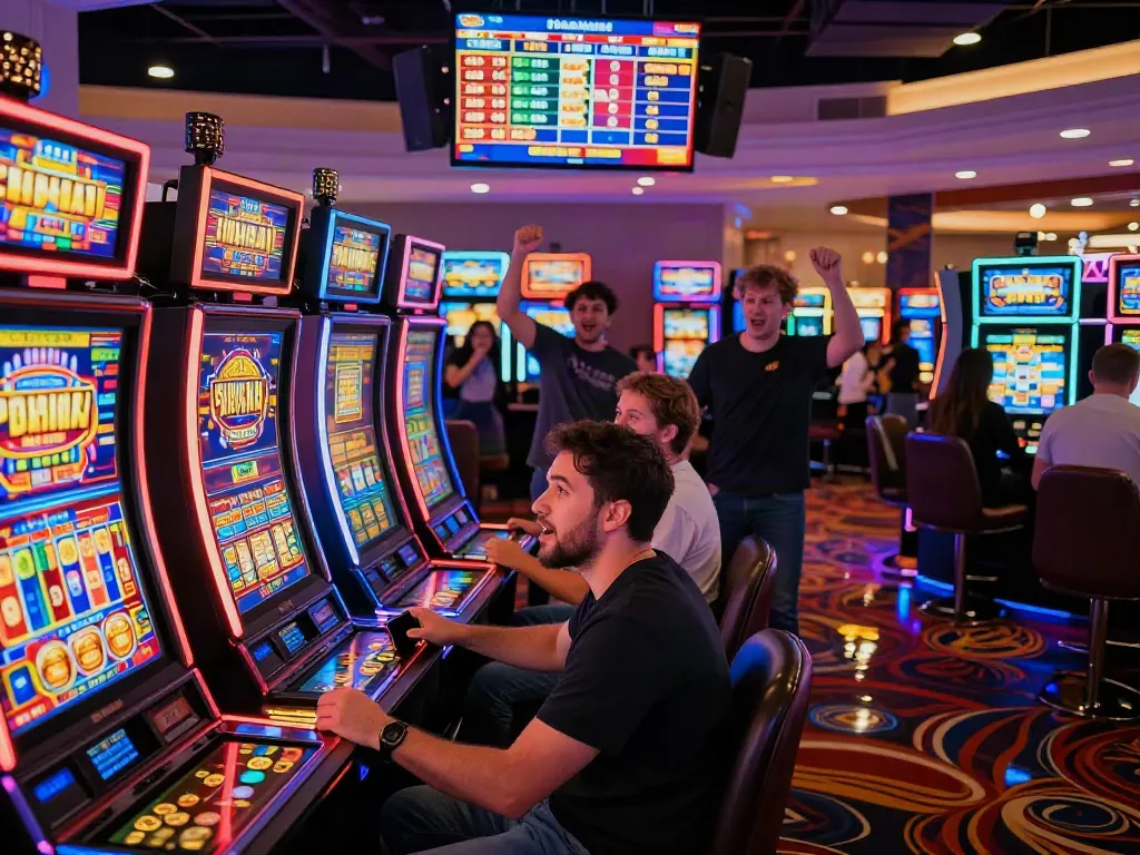 Engaged players enjoying an exciting slot game on a lively casino floor.