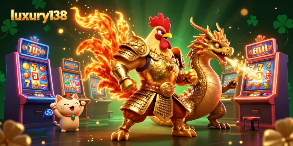 Memenangkan besar di luxury138 slot dengan ilustrasi karakter perang yang epik dan mesin slot berkilauan.