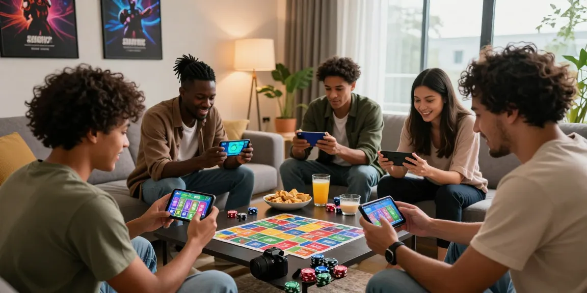 Download game app with friends enjoying Card Rummy in a lively living room setting, surrounded by snacks and excitement.