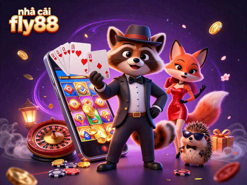 Engage with nhà cái fly88 at an exciting casino scene featuring animated characters enjoying games and winning rewards.
