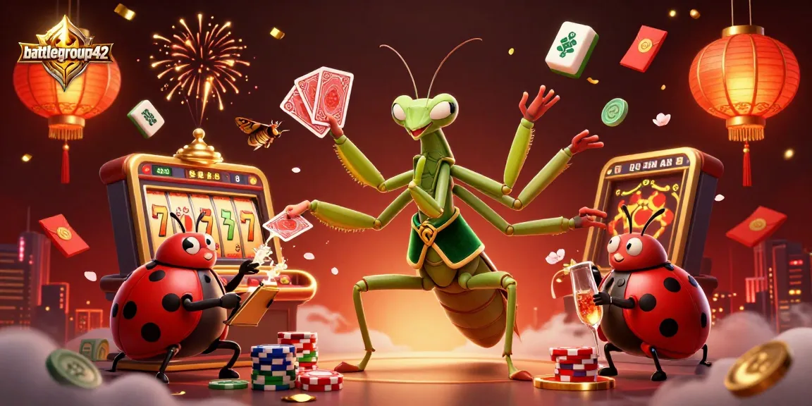 battlegroup42 showcases a vibrant, dynamic online casino scene with a giant mantis dealing cards and slot symbols.