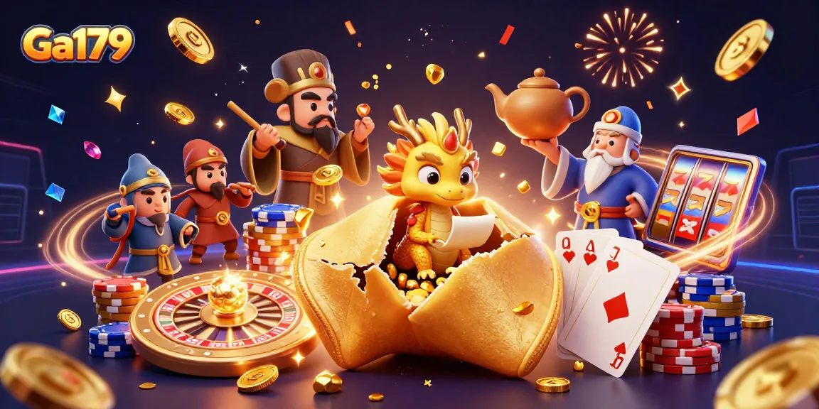 Experience thrilling Ga179 moments with an engaging casino scene featuring a golden cookie, dragon, and vibrant gaming elements.