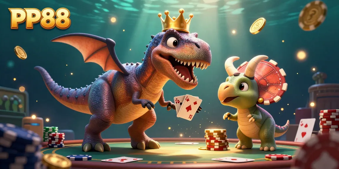 Experience the thrill of PP88 with vibrant casino elements and dynamic characters in this engaging illustration.