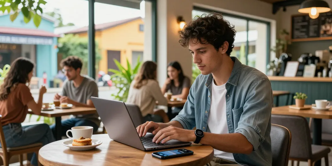 Persona en un café usando cupones eSIM para conectividad.