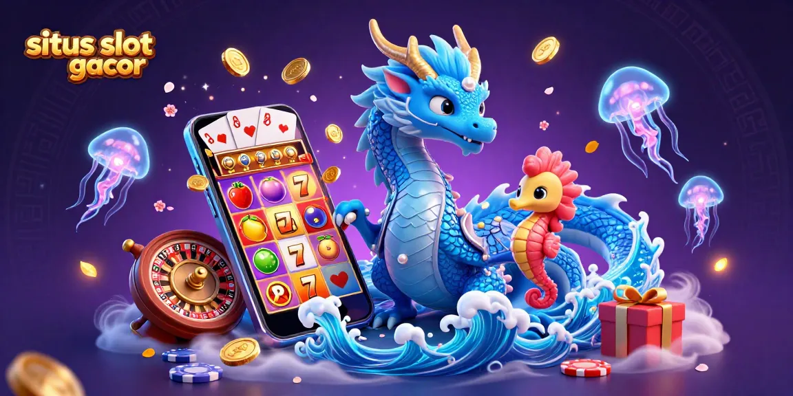 Situs slot gacor scene featuring a whimsical water dragon with a seahorse knight amidst vibrant slot game elements.