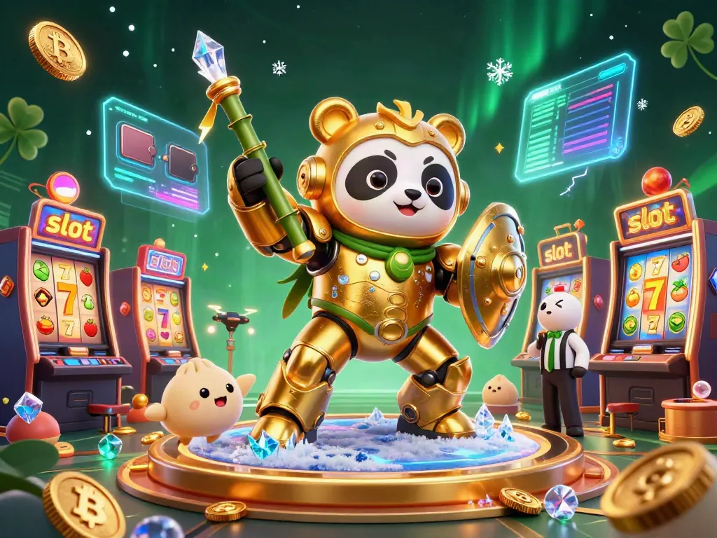 Engaging illustration depicting a mech-suit golden panda in a vibrant slot machine arena, surrounded by lively casino elements.