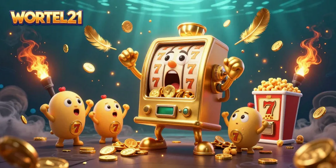 WORTEL21 slot machine hits a jackpot, surrounded by cheering baby slots and golden elements.