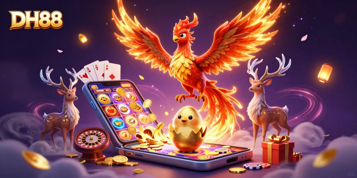 Dive into the excitement of DH88 with a fire phoenix and gaming elements celebrating online casino thrills.