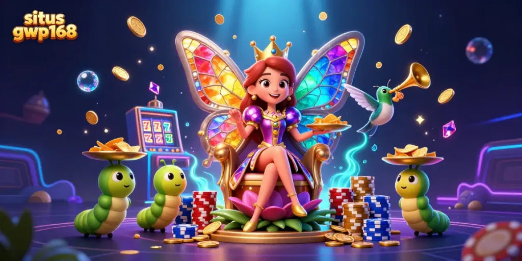 Situs gwp168 menyajikan ilustrasi kasino 3D dengan ratu kupu-kupu dan elemen slot yang memukau.