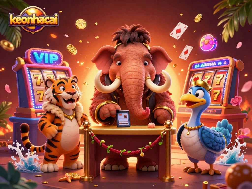 Join the excitement at keonhacai with a vibrant casino scene featuring a woolly mammoth bouncer, sabertooth tiger VIP, and dodo bird doorman.
