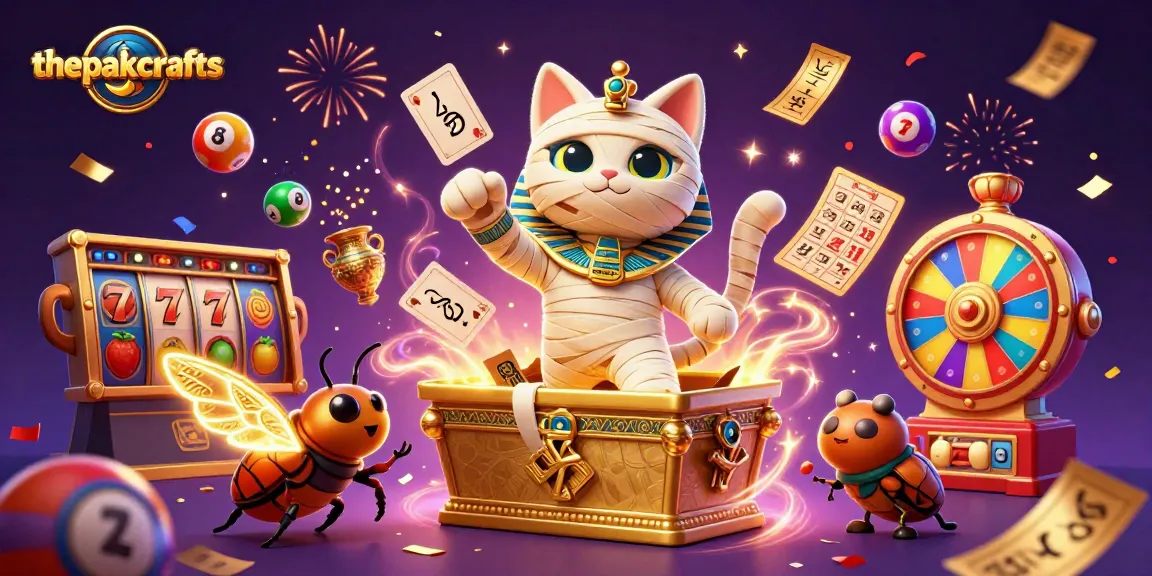 Thepakcrafts engages players with vibrant slot reels and a lively mummy cat in a dazzling casino scene.