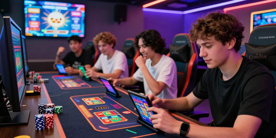 Dynamic gaming scene featuring enthusiastic players enjoying the Slots PK app; showcasing excitement and interaction.