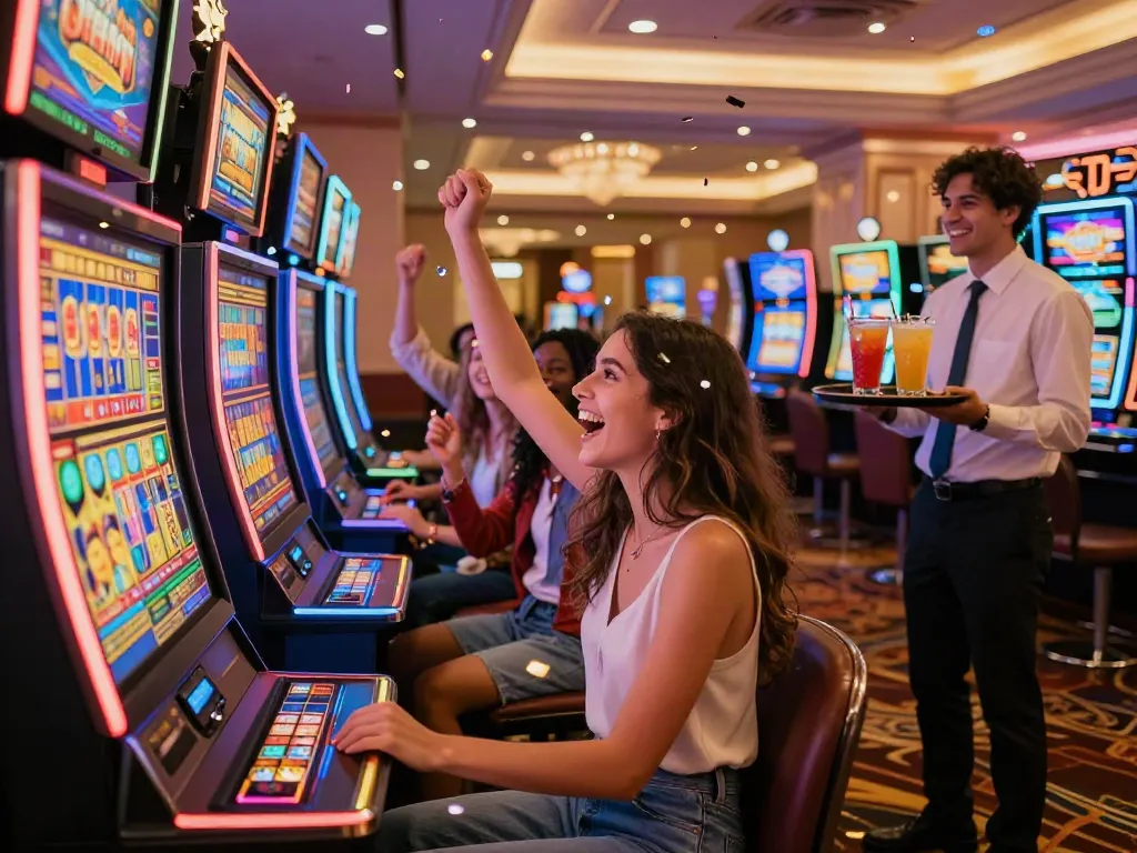 Lucky777 jackpot celebration at a vibrant casino with friends enjoying the game.