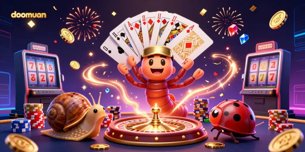 Experience the excitement of doomuan at a lively casino scene with vibrant characters and gambling elements.