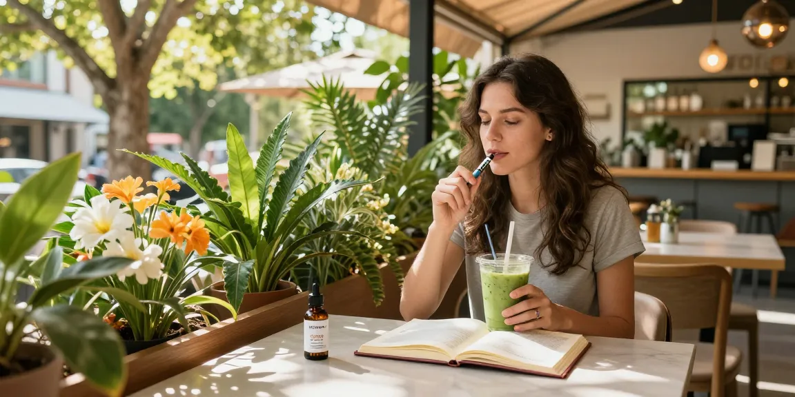 Legal vaping age in Cyprus emphasized in a vibrant outdoor café scene with a young woman enjoying CBD oil and vape products amidst greenery.
