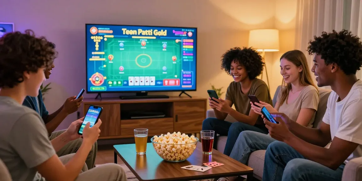 Friends enjoying Teen Patti Gold online play in a cozy gaming night setup.