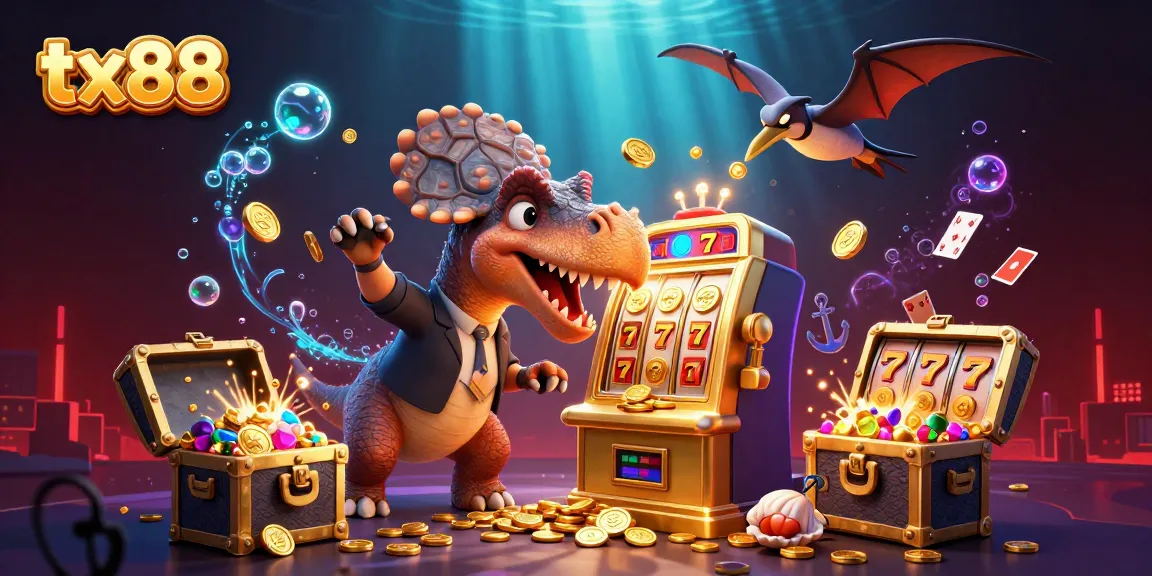 Experience excitement with tx88 as a dinosaur headbutts a slot machine for jackpots.