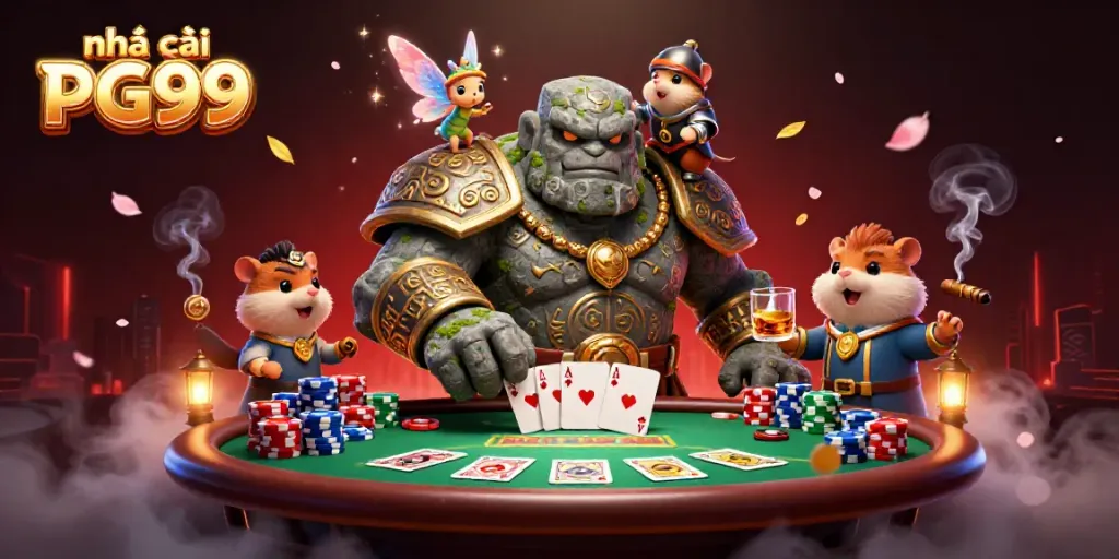 Engage with nhà cái PG99's vibrant casino scene featuring a golem guardian, fairy, and hamster knight.