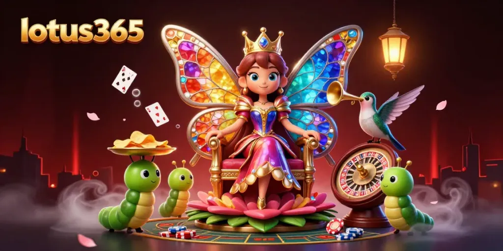 Experience thrilling action with lotus365 as a butterfly queen presides over a glamorous casino scene.