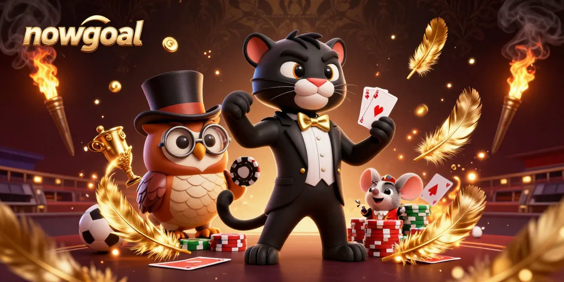 Nowgoal sports betting scene featuring a stylish panther dealing cards amidst dynamic sports elements and vibrant visuals.