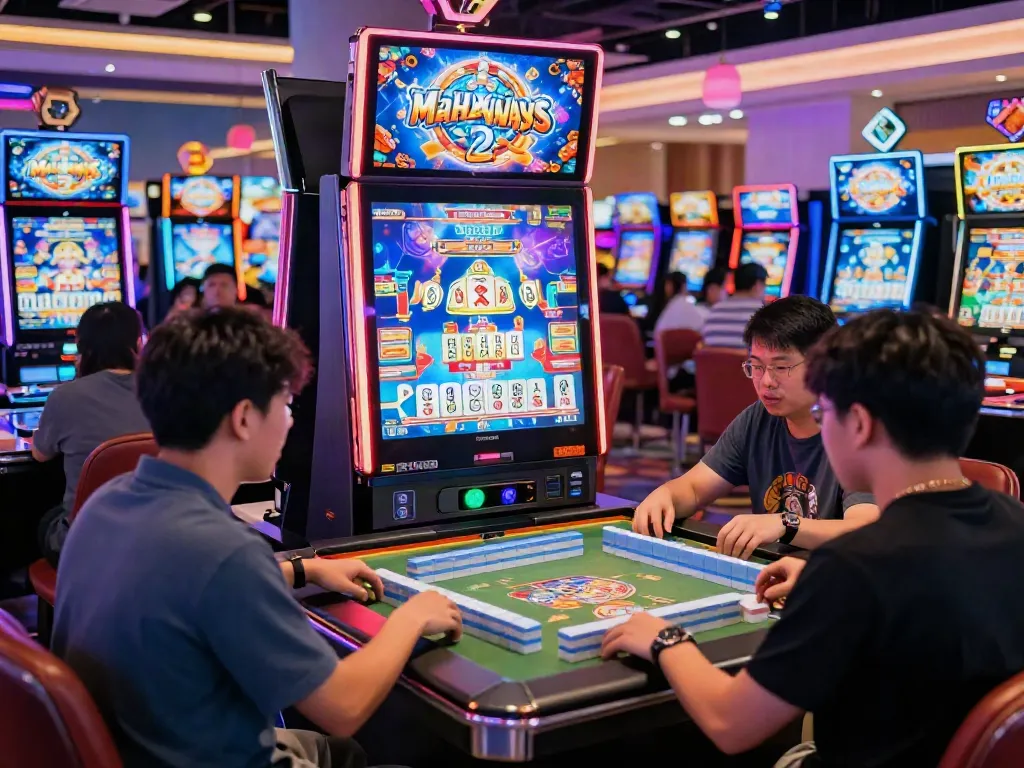 Mesin slot Mahjong Ways 2 yang modern dengan pemain antusias di latar belakang, menunjukkan suasana kasino yang ceria.