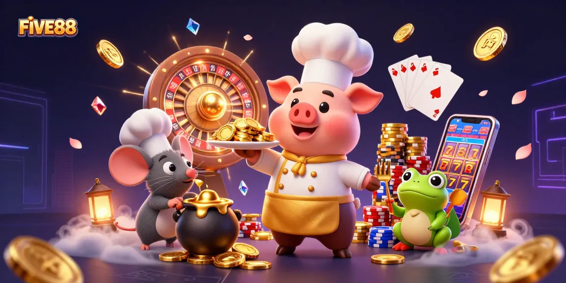 Experience the thrill of winning at FIVE88 casino with vibrant characters and engaging games.