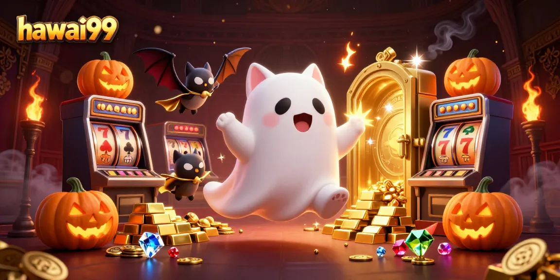 Experience the vibrant hawai99 action with a ghost cat in a haunted casino, surrounded by slot reels and treasure!