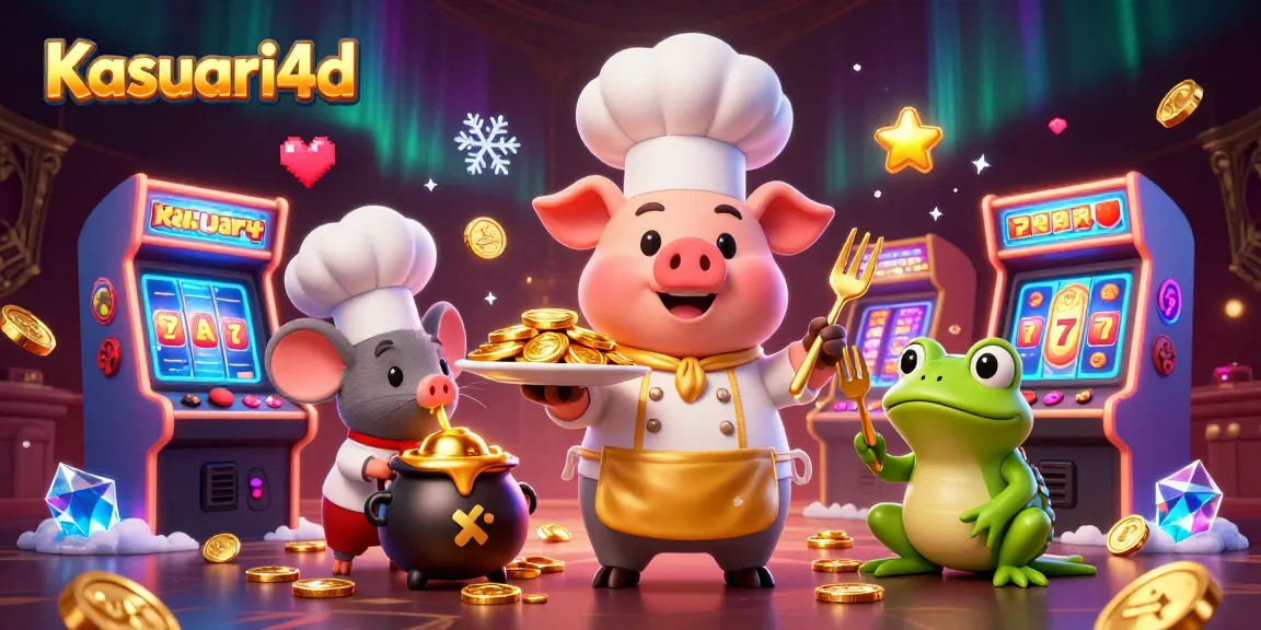 Kasuari4d menampilkan chef babi menyajikan koin emas dengan mesin permainan kasino berwarna-warni di latar belakang.