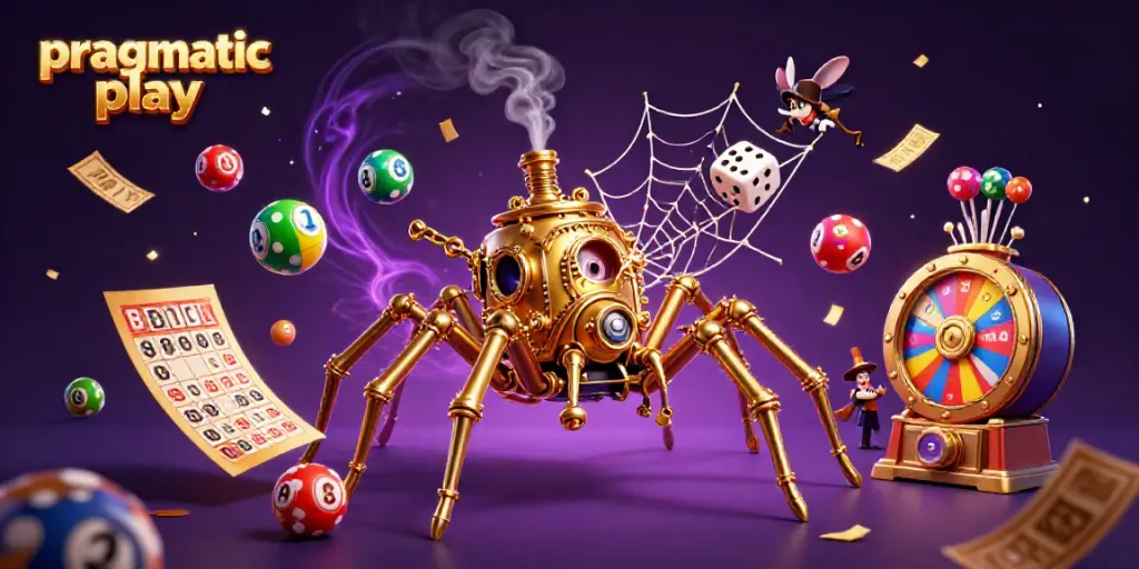 Engage with the steampunk world of pragmatic play, where golden webs catch lucky dice amidst vibrant casino elements.