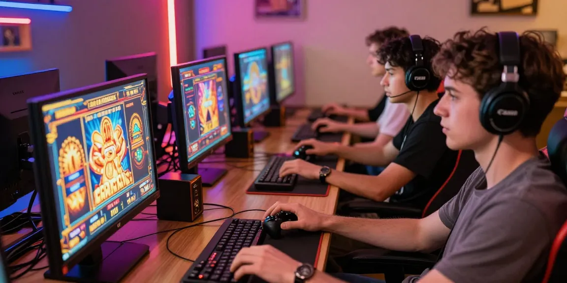 Slot online yang menghibur dengan pemain terfokus dan suasana ceria di ruang gaming.
