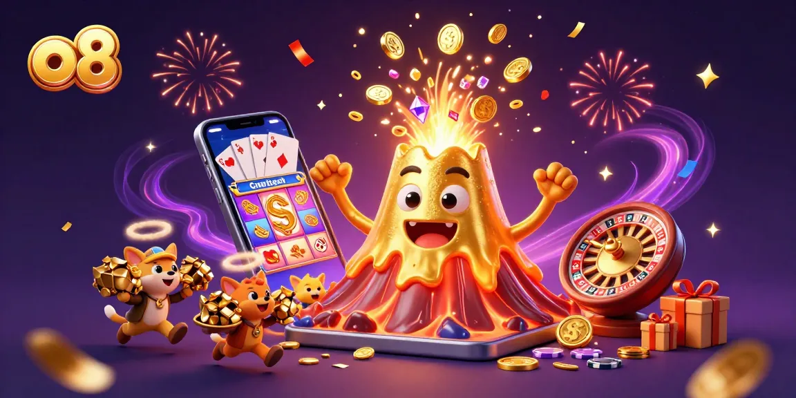 o8 captures the excitement of a lively casino scene with a golden volcano erupting treasures.