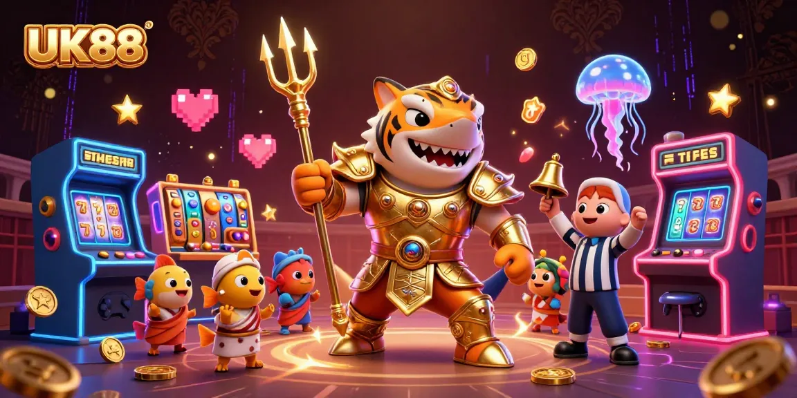 Engage with UK88's underwater colosseum featuring a tiger shark in gladiator armor amid vibrant slot game action.