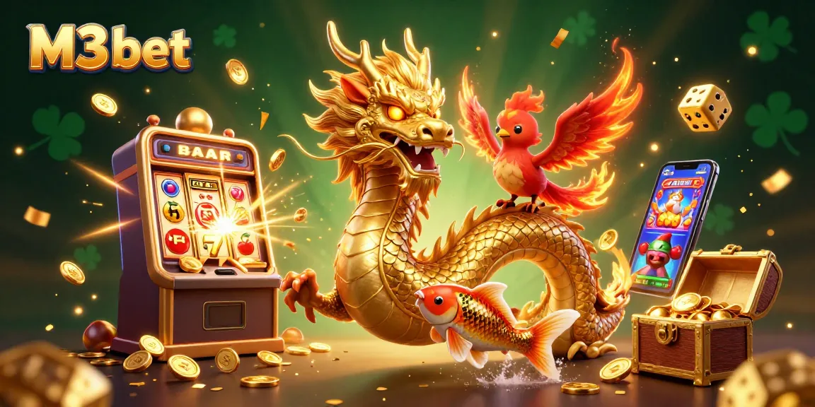 The M3 bet scene showcases a fierce dragon and phoenix in a dynamic casino-themed illustration featuring jackpots and gold coins.