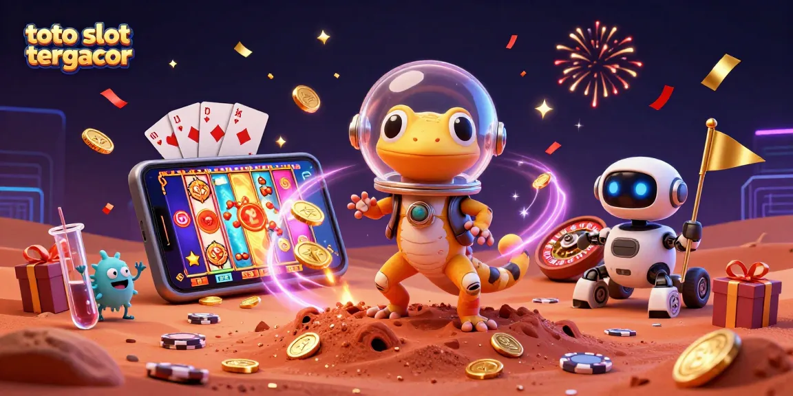 Engage in thrilling gameplay at toto slot tergacor with a lively 3D illustration of a Martian gecko and casino elements.