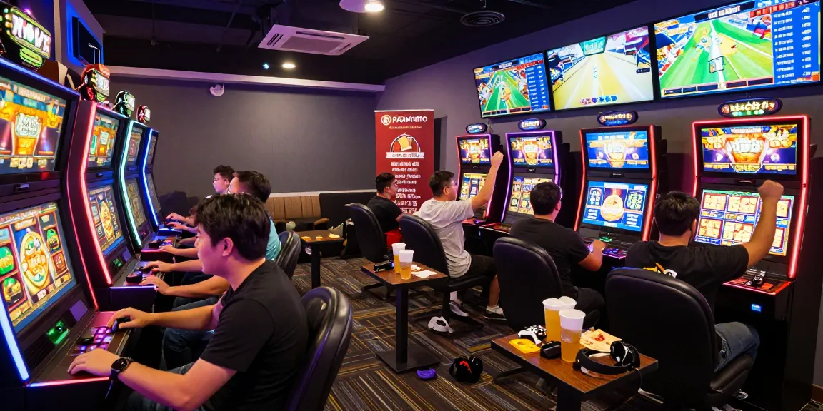 Gamers enjoying pajaktoto slot machines in a vibrant lounge atmosphere