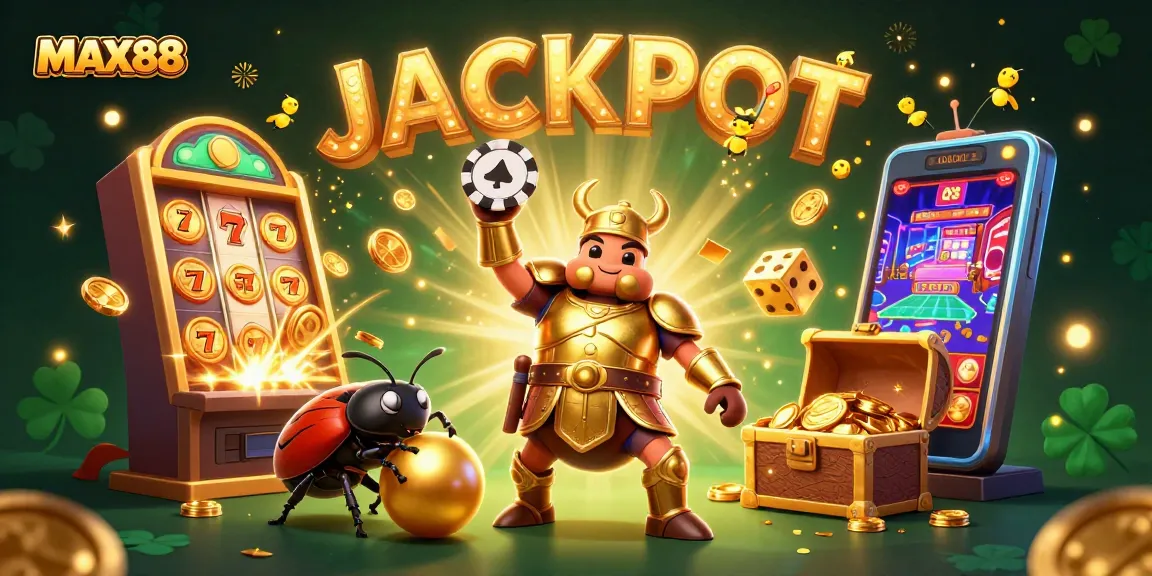 Experience the excitement of MAX88 with a colorful jackpot scene featuring animated characters and casino elements.