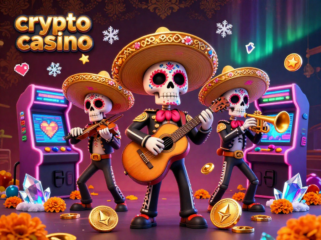 Engage in a vibrant crypto casino atmosphere with a dynamic 3D mariachi band and gaming elements.
