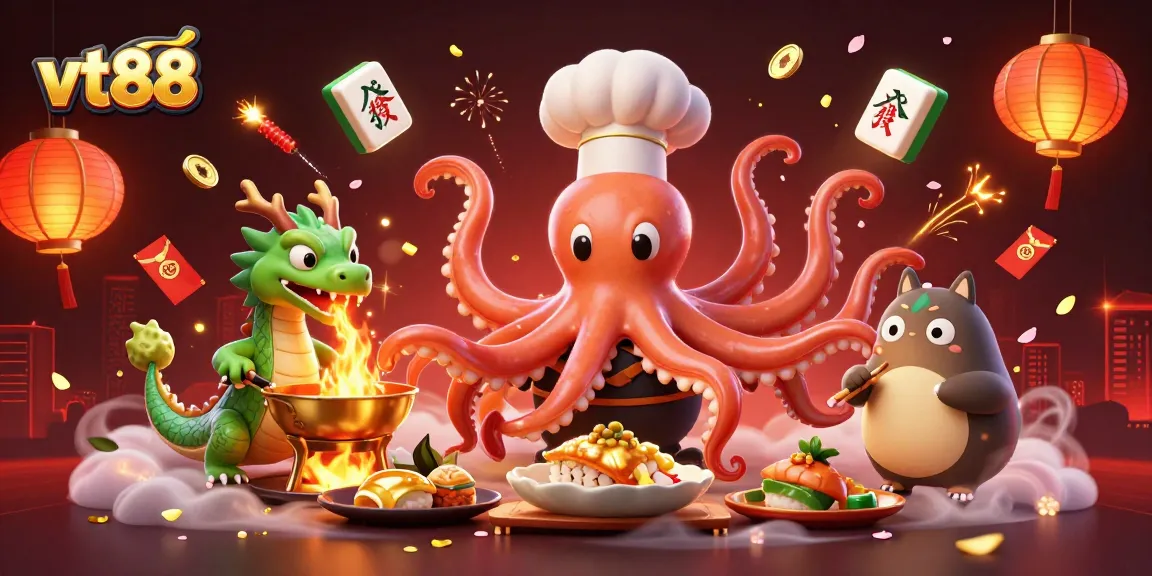 vt88 showcases a dynamic and vibrant casino scene with an octopus chef and dragon, symbolizing gambling excitement.