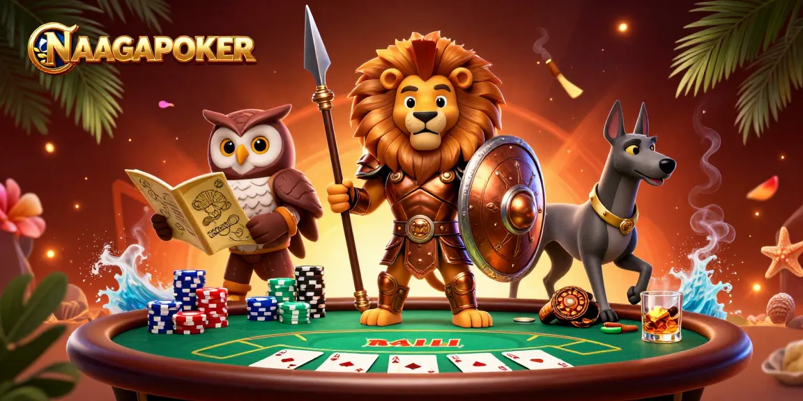 NAGAPOKER players strategizing at a rich poker scene with a Spartan lion and owl mascot