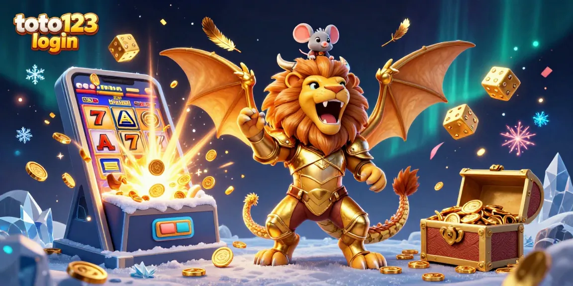 Engage in thrilling games at toto123 login with a triumphant chimera and massive slot machine illustrations.