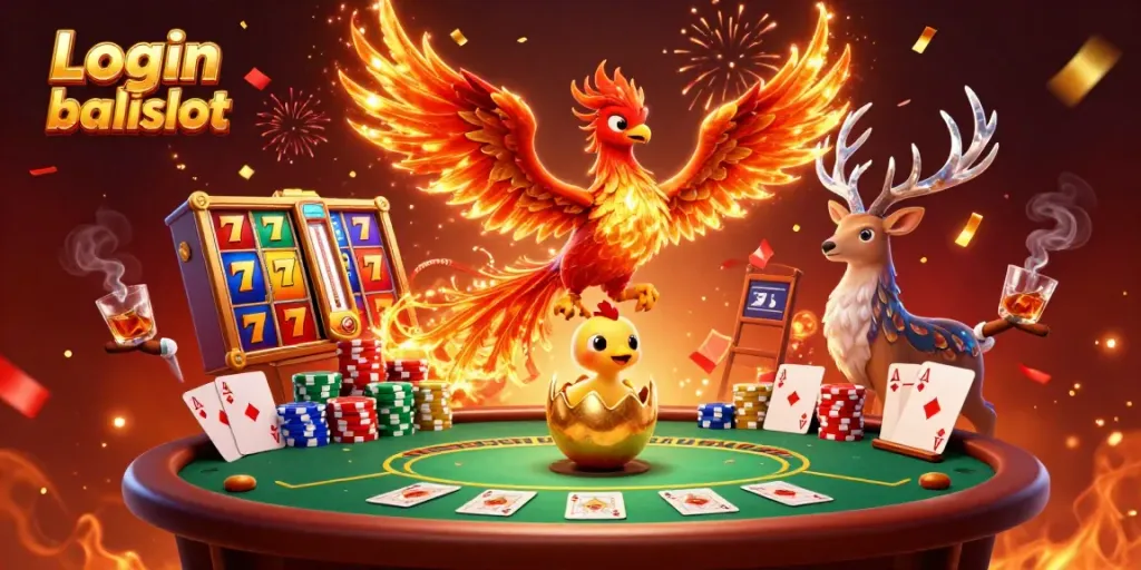 Experience epic wins with Login balislot featuring vibrant slot reels and a majestic phoenix in 3D illustration.