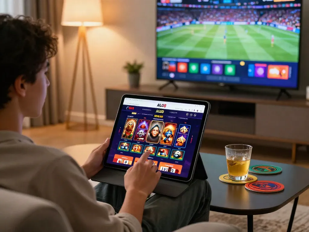 User enjoying the ALO8 app in a modern home entertainment setup with vibrant visuals and a cozy atmosphere.