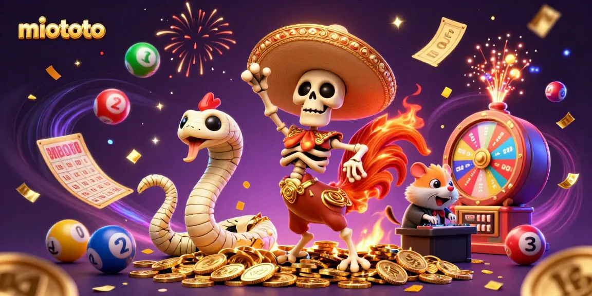 Experience miototo's vibrant atmosphere with lively characters celebrating lottery wins and festive gaming.