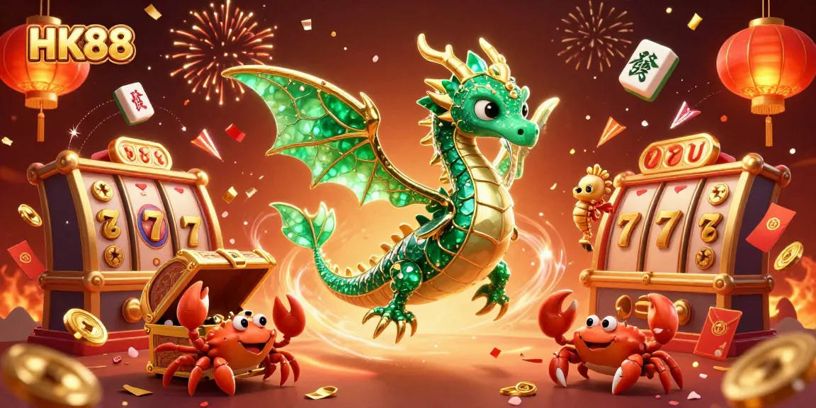 Spin the reels of HK88 with dazzling dragons and luck symbols in a vibrant casino scene.