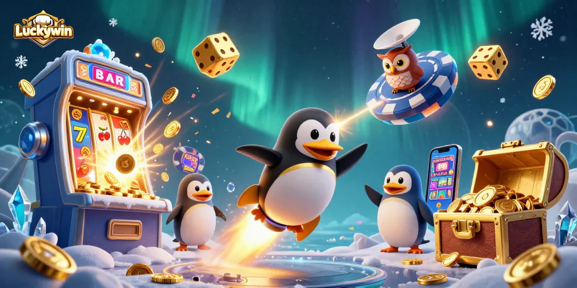 Experience thrilling gameplay with Luckywin as a golden penguin blasts through a vibrant casino universe.